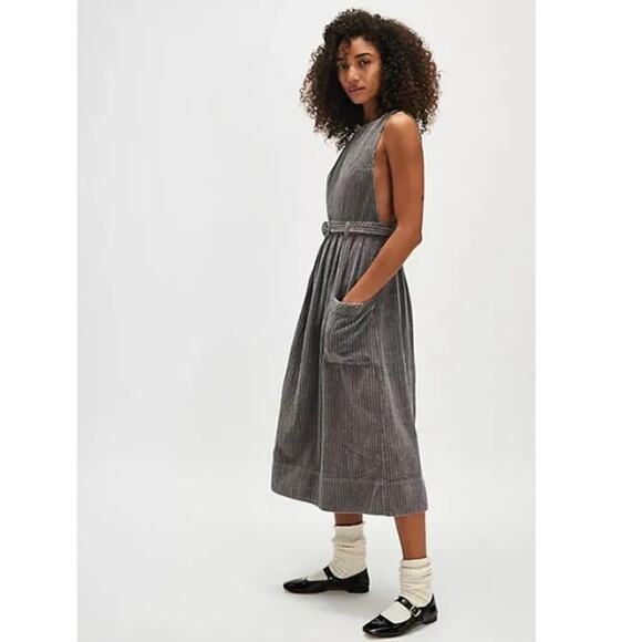 Sz 4 NWT Free People The Other Side Corduroy Midi Dress Gray Boho Cottage Belted - Picture 1 of 10